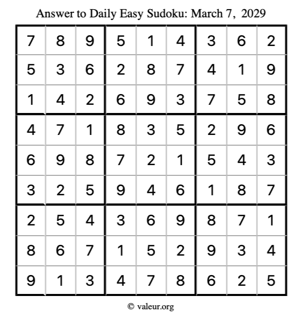 Answer to easy sudoku March 7, 2029