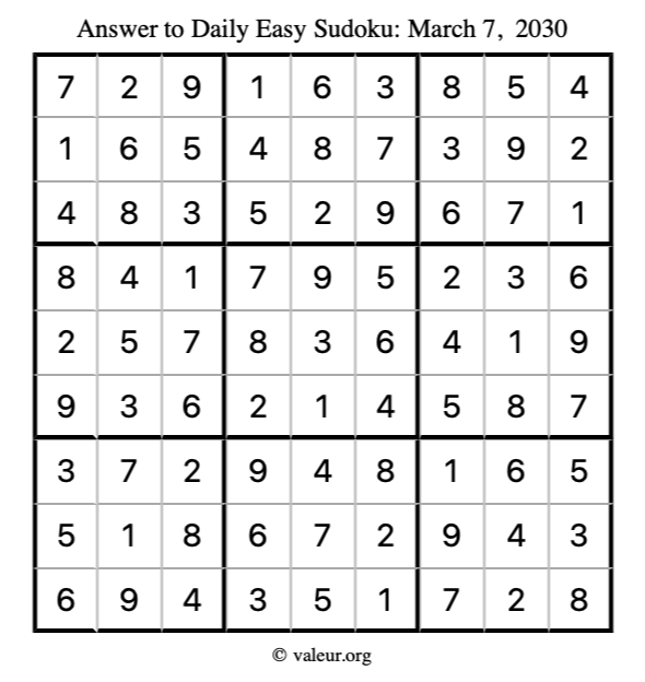 Answer to easy sudoku March 7, 2030