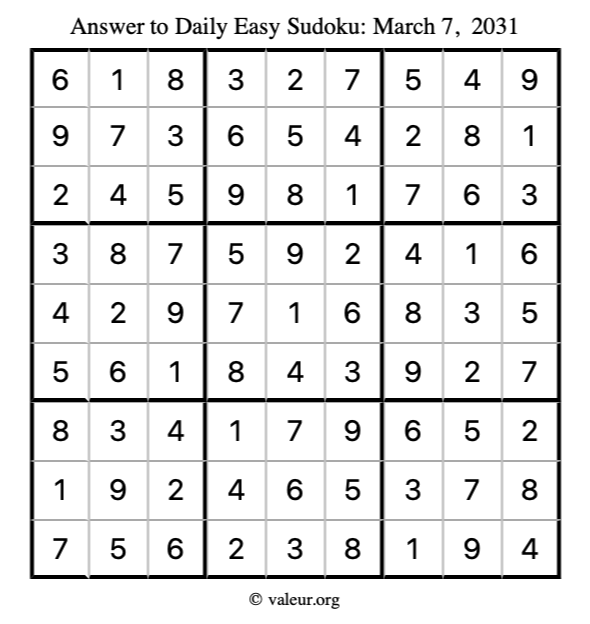 Answer to easy sudoku March 7, 2031