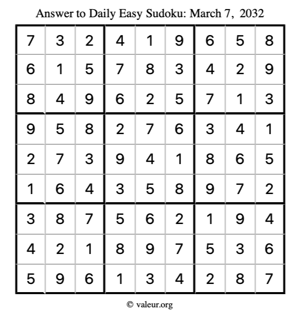 Answer to easy sudoku March 7, 2032