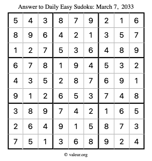 Answer to easy sudoku March 7, 2033