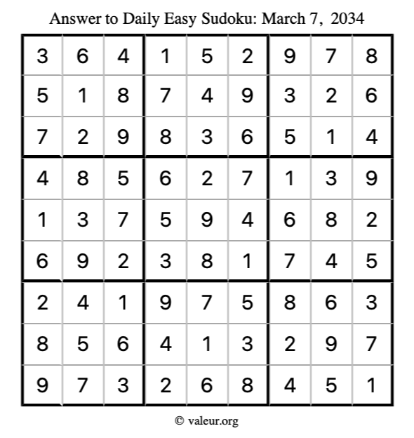 Answer to easy sudoku March 7, 2034