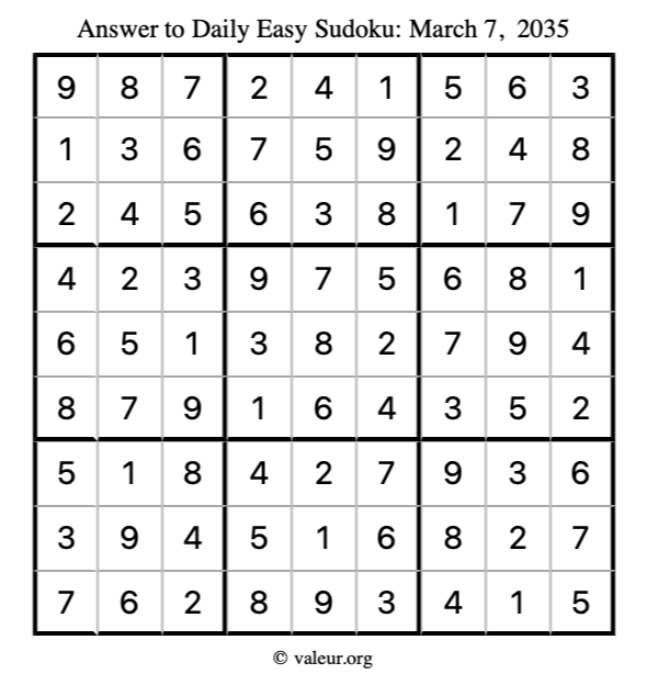 Answer to easy sudoku March 7, 2035