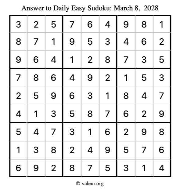 Answer to easy sudoku March 8, 2028