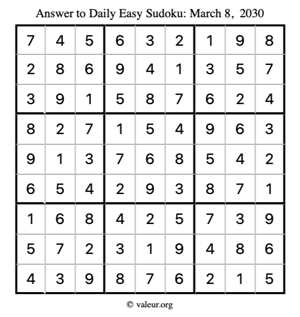 Answer to easy sudoku March 8, 2030