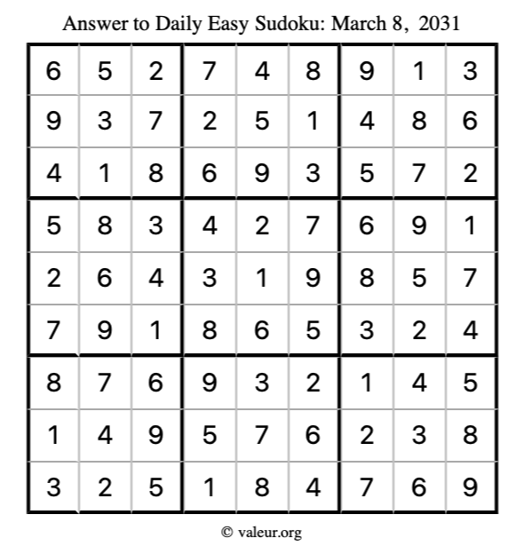 Answer to easy sudoku March 8, 2031