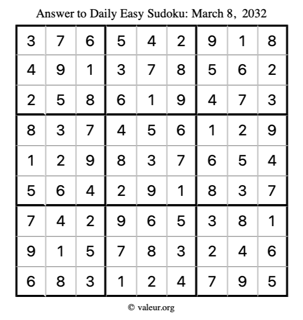 Answer to easy sudoku March 8, 2032