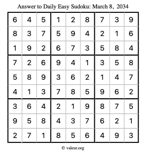 Answer to easy sudoku March 8, 2034