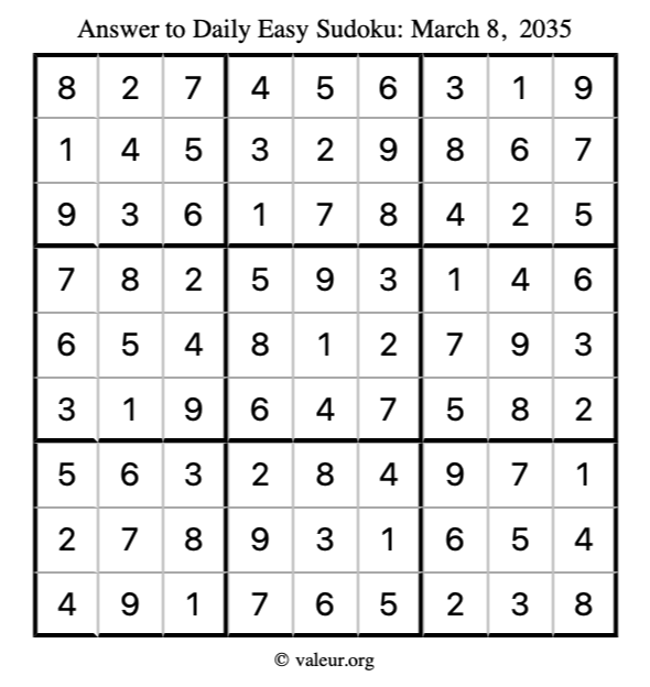 Answer to easy sudoku March 8, 2035