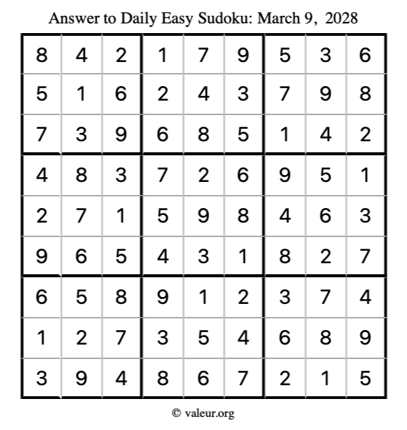 Answer to easy sudoku March 9, 2028