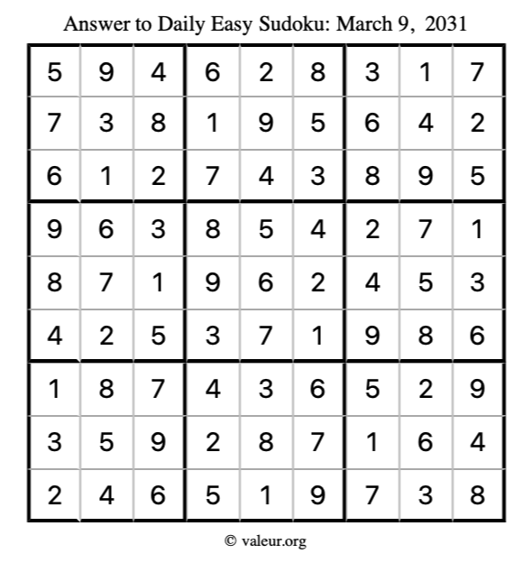 Answer to easy sudoku March 9, 2031