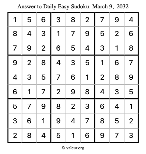 Answer to easy sudoku March 9, 2032
