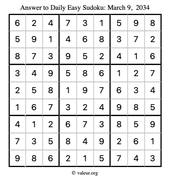 Answer to easy sudoku March 9, 2034