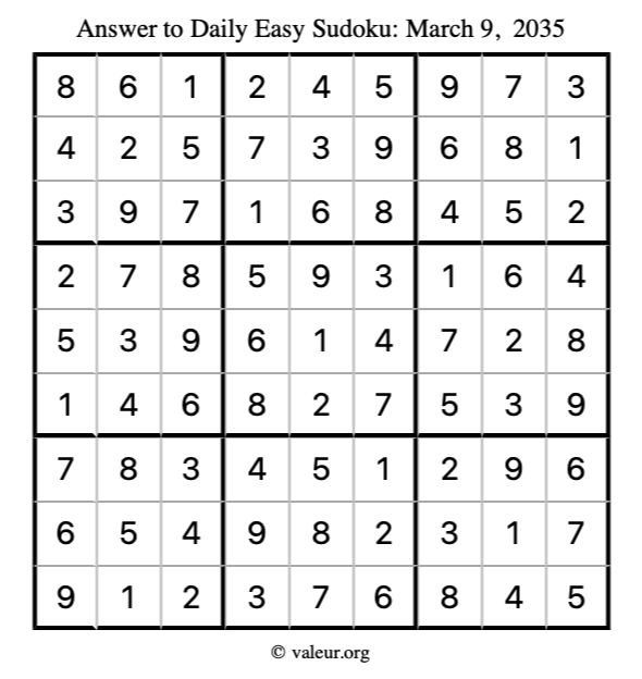 Answer to easy sudoku March 9, 2035