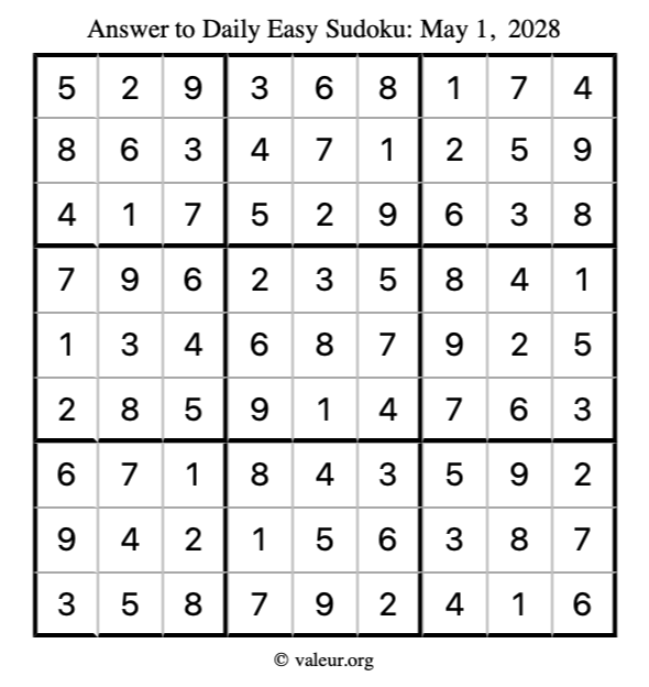 Answer to easy sudoku May 1, 2028