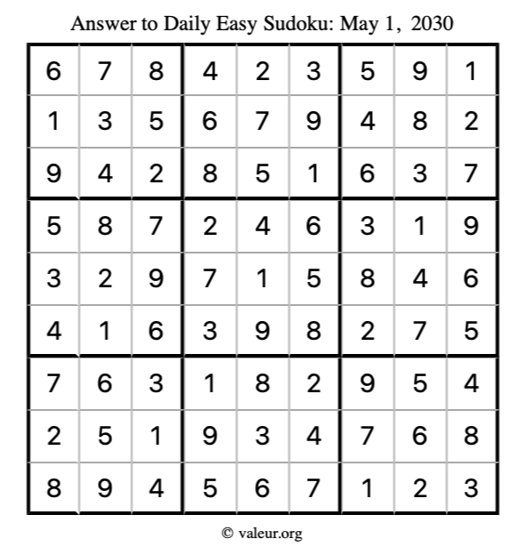 Answer to easy sudoku May 1, 2030
