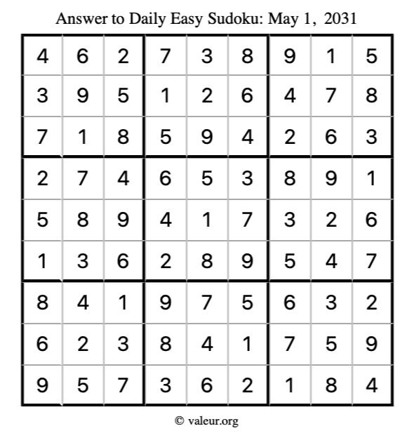 Answer to easy sudoku May 1, 2031