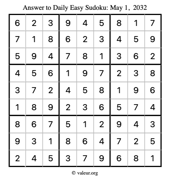 Answer to easy sudoku May 1, 2032