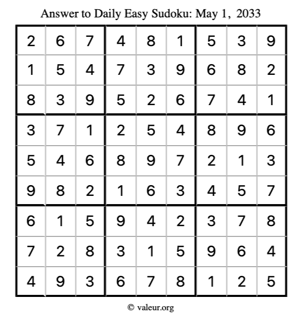 Answer to easy sudoku May 1, 2033