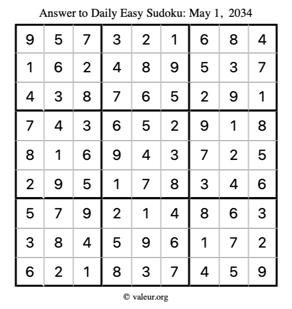 Answer to easy sudoku May 1, 2034