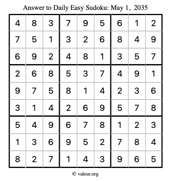 Answer to easy sudoku May 1, 2035