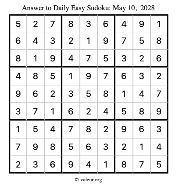 Answer to easy sudoku May 10, 2028