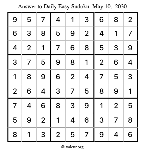 Answer to easy sudoku May 10, 2030