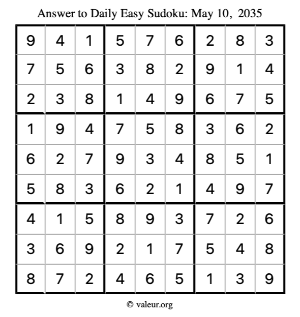 Answer to easy sudoku May 10, 2035