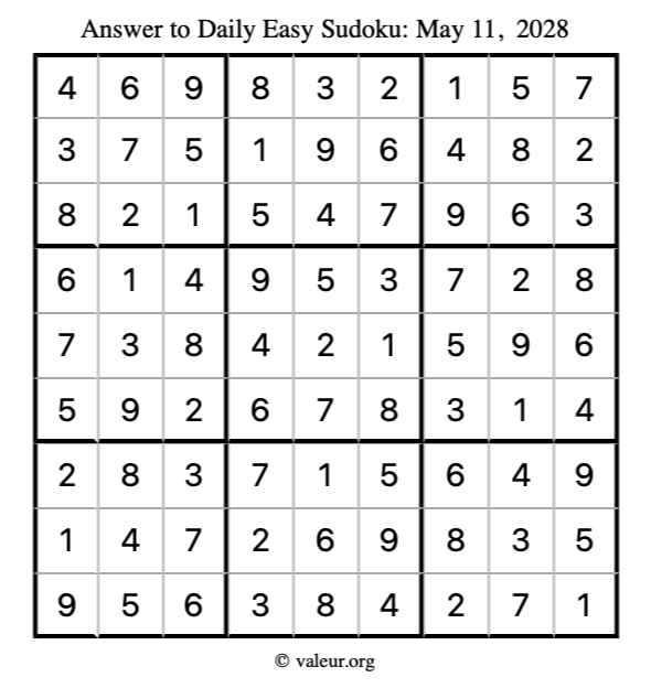 Answer to easy sudoku May 11, 2028