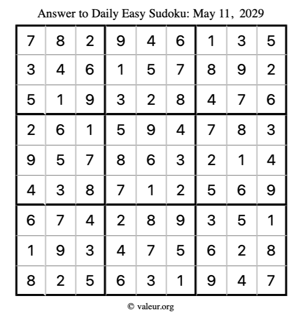 Answer to easy sudoku May 11, 2029