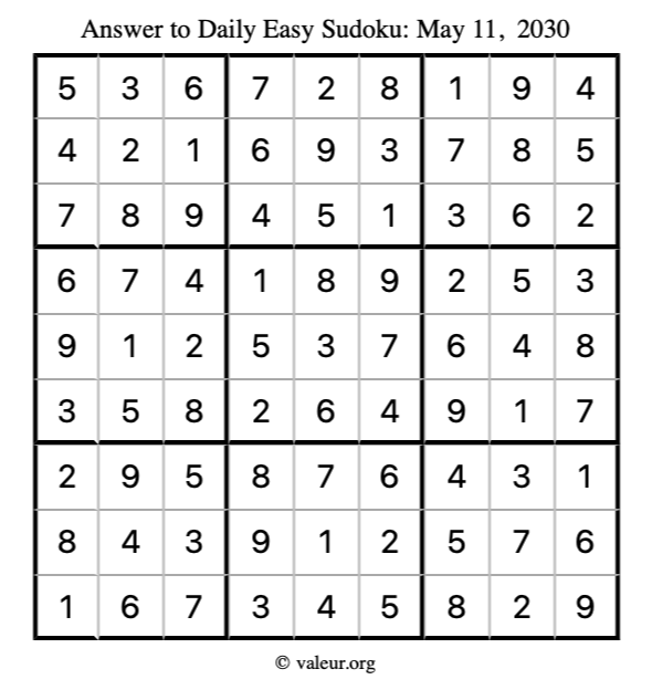 Answer to easy sudoku May 11, 2030