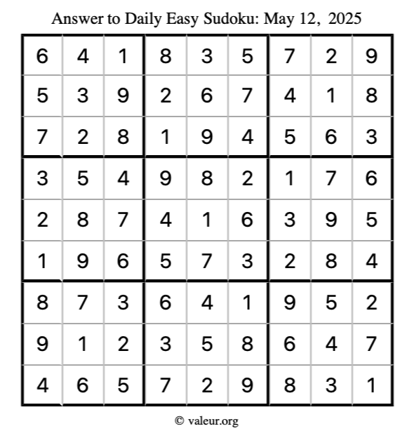 Answer to easy sudoku May 12, 2025