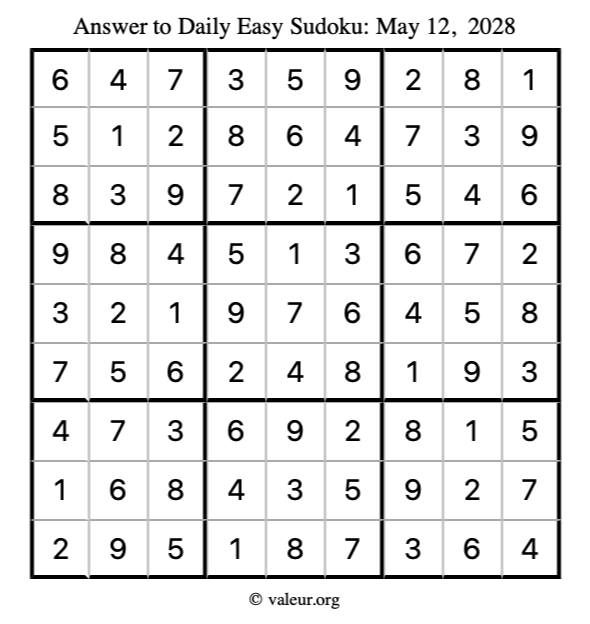Answer to easy sudoku May 12, 2028