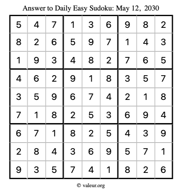 Answer to easy sudoku May 12, 2030