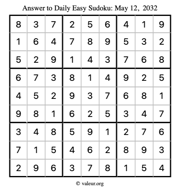 Answer to easy sudoku May 12, 2032