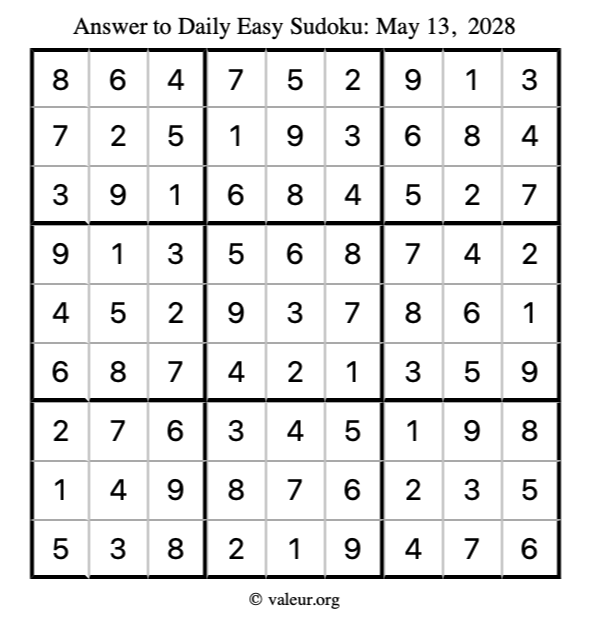 Answer to easy sudoku May 13, 2028
