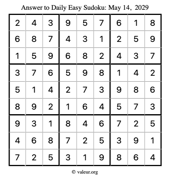 Answer to easy sudoku May 14, 2029