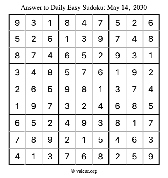 Answer to easy sudoku May 14, 2030