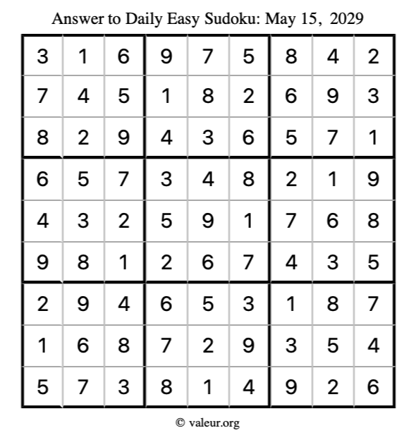 Answer to easy sudoku May 15, 2029