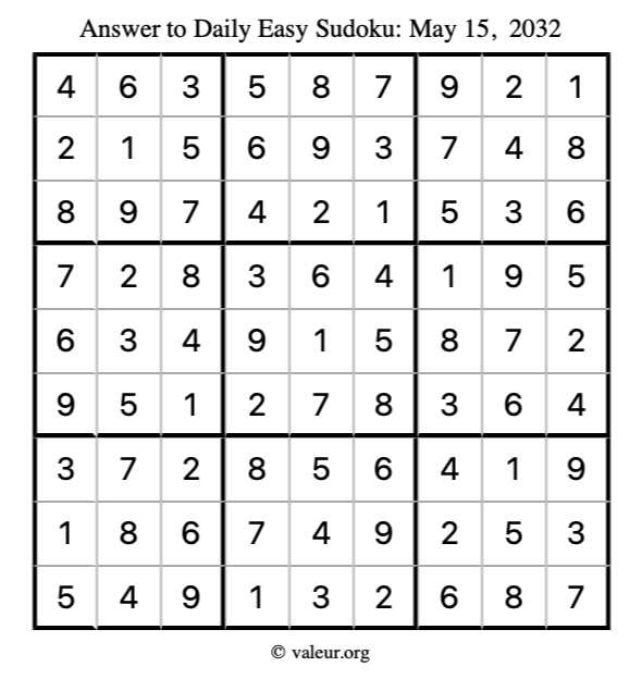 Answer to easy sudoku May 15, 2032