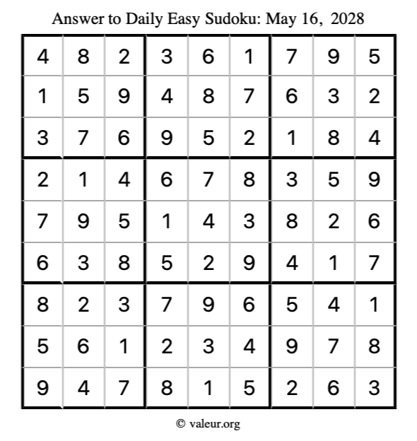 Answer to easy sudoku May 16, 2028