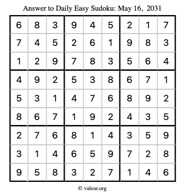 Answer to easy sudoku May 16, 2031