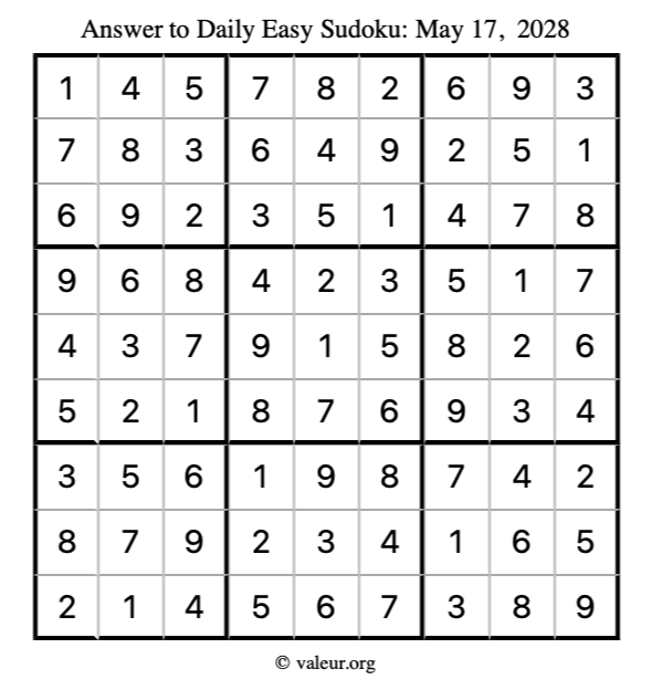 Answer to easy sudoku May 17, 2028