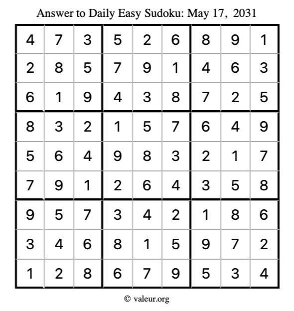 Answer to easy sudoku May 17, 2031