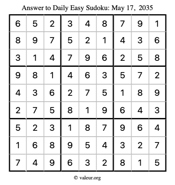 Answer to easy sudoku May 17, 2035