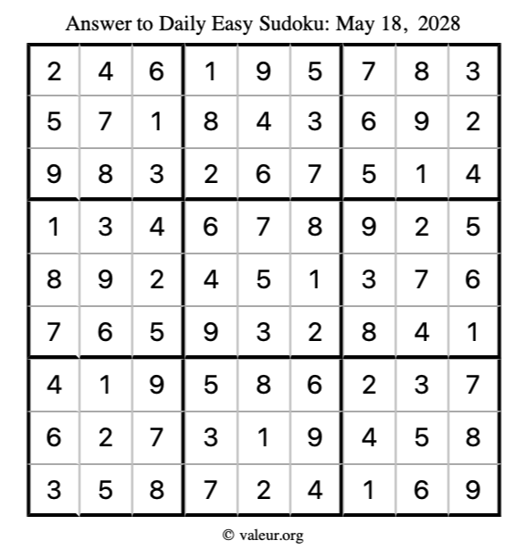 Answer to easy sudoku May 18, 2028
