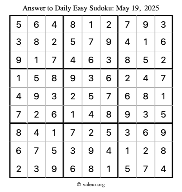 Answer to easy sudoku May 19, 2025