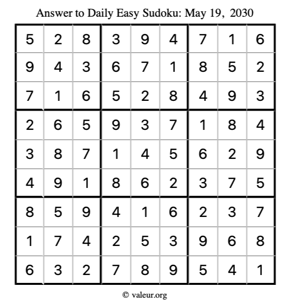 Answer to easy sudoku May 19, 2030