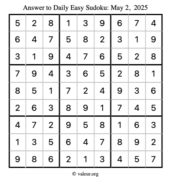 Answer to easy sudoku May 2, 2025