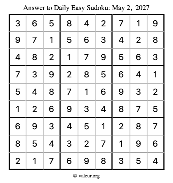 Answer to easy sudoku May 2, 2027